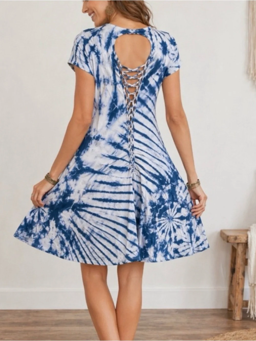 Kathmandu Imports | Blue White | Tie Dye | Lace-Up Back Dress